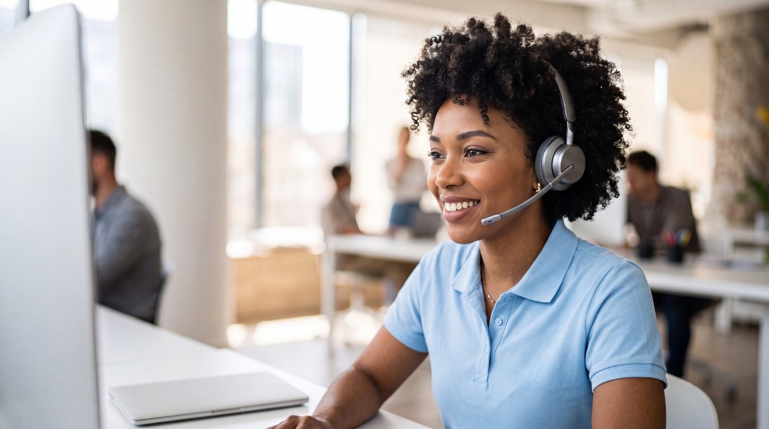 CallTawk support agent smiling while assisting a caller